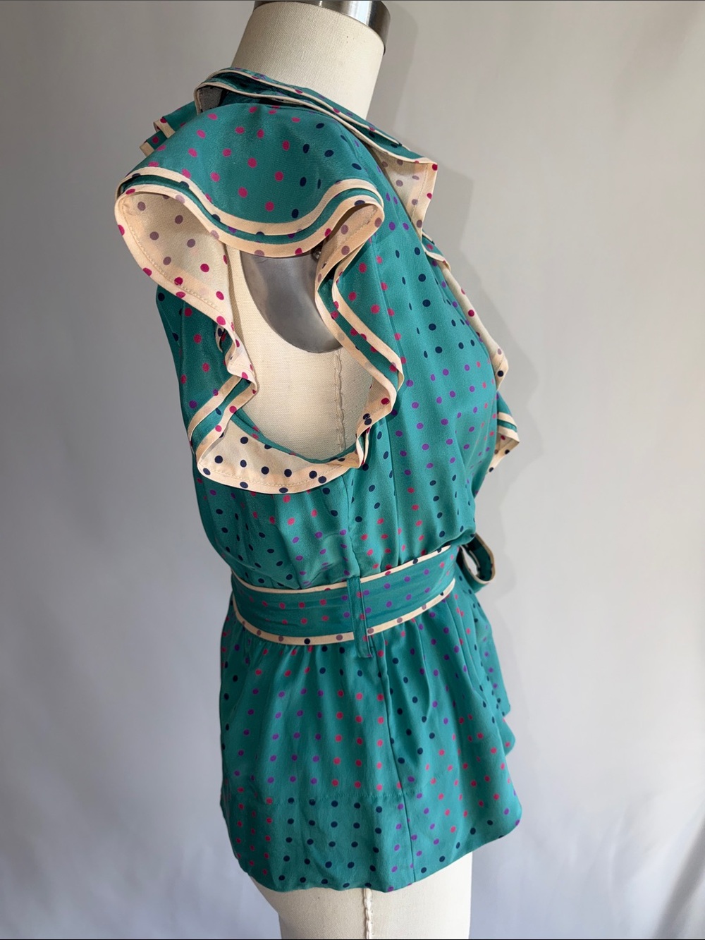 Marc By Marc Jacobs 💯 silk Teal Polka Dot Ruffle Wrap Top - Picture 3 of 11